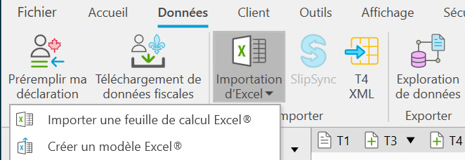 TaxCycle's Données menu, with the Importer une feuille de calcul Excel option (Excel spreadsheet import)